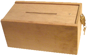 The original wooden box with its padlock and key. The envelope slot is in the removable lid.